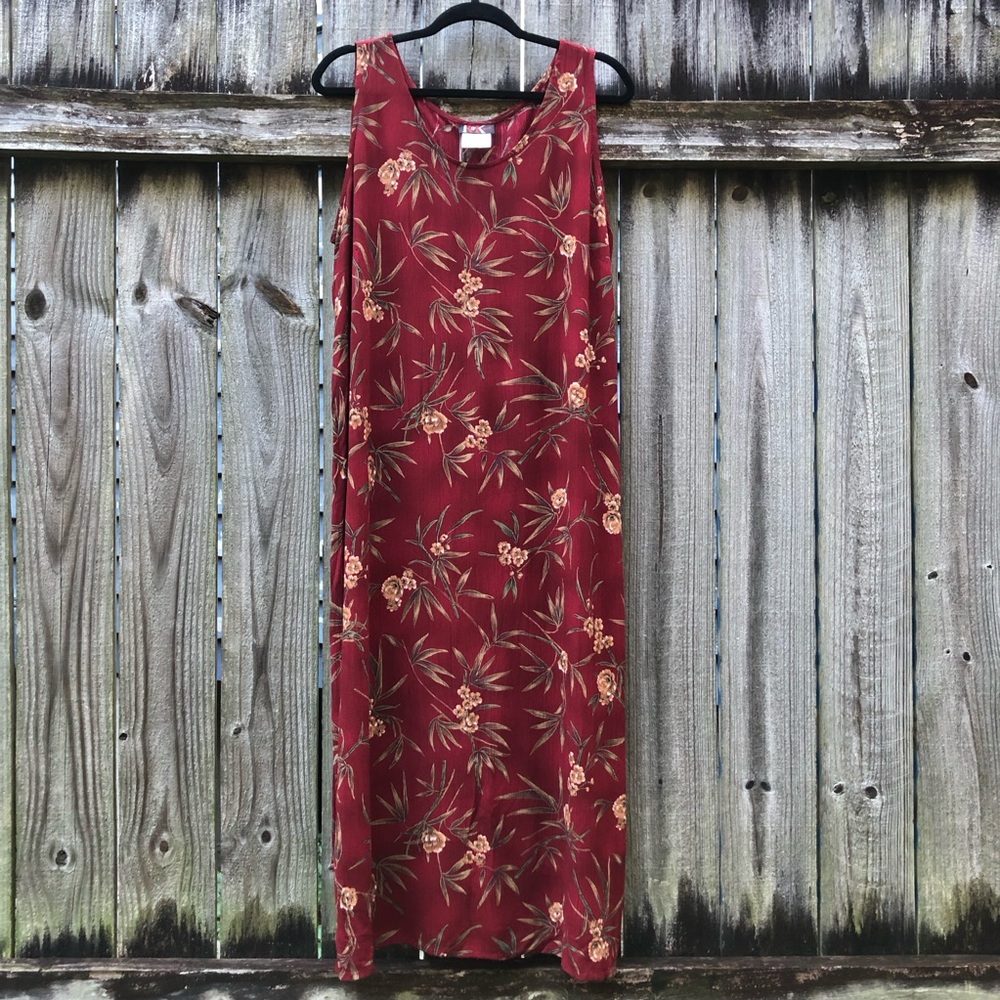 Vintage 90s Burgundy Floral Crinkle Rayon Midi Dress Tie Back Size 16P